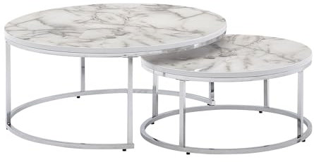 FineBuy Couchtisch 2er Set Weiß Marmor Optik Sofatisch Rund Modern, Beistelltisch 2-teilig Metall, Runde Wohnzimmertische, Design Satztische