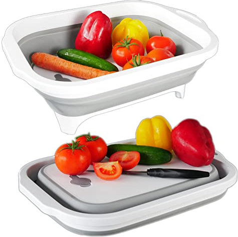 Intirilife Tabla de cortar plegable multifuncional con volumen de 8L en Gris - Blanco con caja de almacenamiento para utensilios
