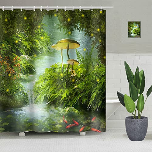 SDOTPMT 180x180cm Rideau de Douche Fée Forêt - Magie Fantaisie Champignon Vert Gazon Arbre Feuilles - Zen Rivière Baignoire Polyester pour Enfant Salle de Bain avec Crochets