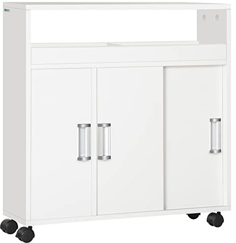 kleankin Mobile Bagno, Mobiletto Bagno con Porte Scorrevoli, Ripiano Regolabile e 4 Ruote in Truciolato e Lega di Alluminio, 70x20x71cm, Bianco