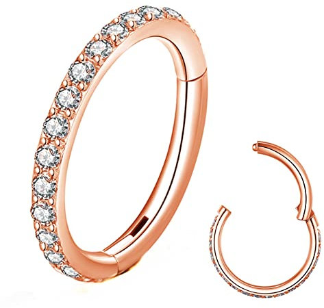 BLESSMYLOVE Clear CZ Rose Gold 16G 9mm Nose Rings Hoop 316L Surgical Steel 16 gauge Cartilage Earrings Conch Daith Helix Rook Body Piercing Jewelry Stainless Steel Hinged Segment Rings Lip Rings