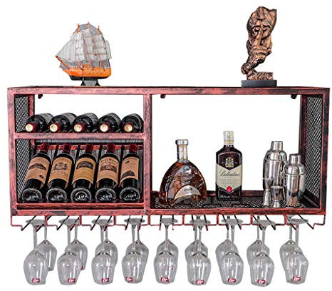 LUNEZY Étagère à vin avec Porte-Verre | Porte-Bouteilles Mural Bois Métal | Porte-Verre à vin Suspendu | Porte-Bouteille de vin Suspendu | Etagère Murale Cube pour Bar Cuisine, Marron