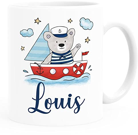 SpecialMe® Kindertasse Bär Boot Segelboot Wunschname personalisierte Namenstasse aus Keramik für Kinder Jungen Mädchen weiß standard