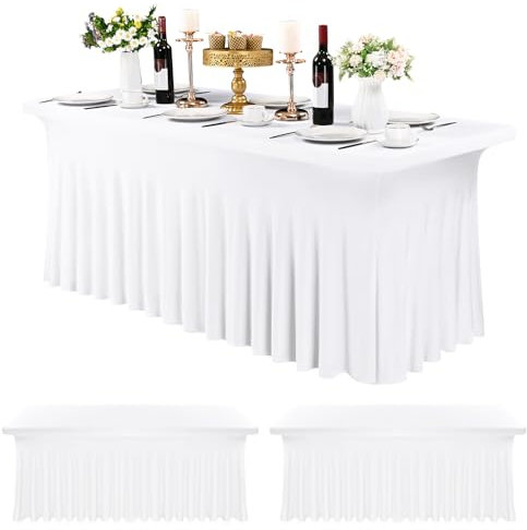 3 Packungen Spandex-Tischröcke, 182 x 76 cm, Stretch-Tischdecke für rechteckige Tische, knitterfreie Tischdecke mit Rock, Spandex-Tischdecke, Tischrock für Hochzeitsbankette, Messen, weiß