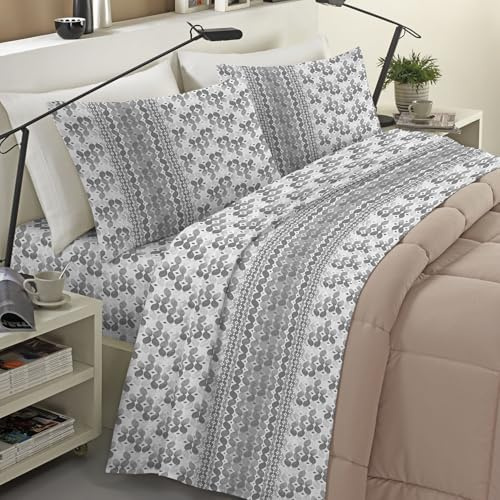 Banzaii Completo Lenzuola Invernale Felpate in Flanella Anti-Pilling 100% Cotone Singolo (per Materasso 80/90 cm, Altezza Fino a 35 cm) Diletta Grigio