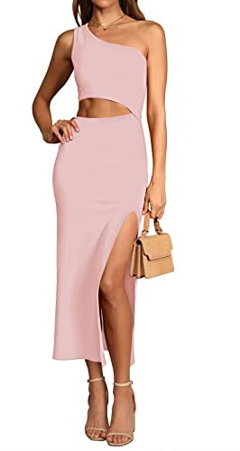 Viottiset Robe maxi pour femme - Sans manches - Jupe fendue moulante, Rose, XS