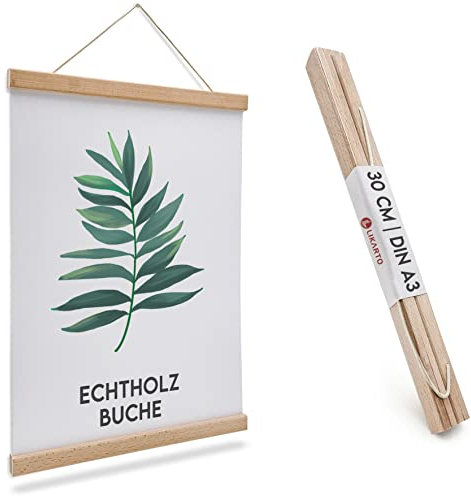 LIKARTO Premium-Posterleiste Holz Buche A3 | 30 cm - Hochwertige magnetische Bilderleiste aus Echtholz inklusive Lederband - Einfaches Bilder aufhängen