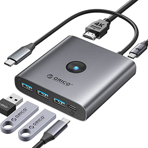 Docking Station, ORICO 6 in 1 USB Hub, USB 3.0 Splitter mit 3 USB-A 3.0(5Gbps), 1 USB-C 3.0(5Gbps), 100W PD, 4K@30Hz HDMI, USB C Dock für MacBook Pro und Andere Typ C Geräte