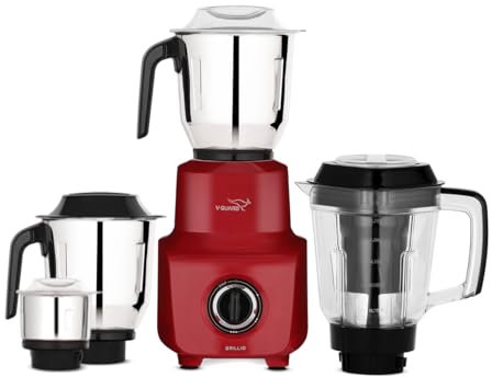 V-Guard Brillio 750 Watt Juicer Mixer Grinder, 3 Year Motor Coverage by V-Guard, 4 Jars(Chutney, Dry, Wet & Juicer), Sturdy Juicer Jar With Quadraflow Design, Precisionblend SS Blades | Mars Red