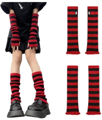 CHERSE Damen Beinsocken Armstulpen rot-schwarz gestreift Y2K Armstulpen Handschuhe Beinwärmer Socken 80er Jahre Outfit für Frauen Party (2 Paar), Mehrfarbig, Standard