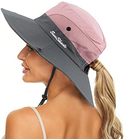 KorhLeoh Sombreros plegables para el sol con protección UV y malla de ala ancha para mujer, sombrero de pesca con agujero para cola de caballo, rosa, M