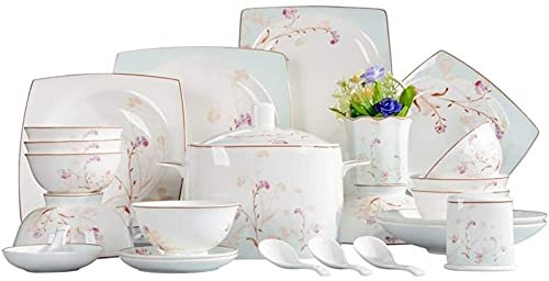 Geschirrset für Zuhause oder besondere Restaurants, 50-teiliges Porzellangeschirrset Premium Bone China mit Goldrändern, Speiseteller, Suppenteller, Salatteller, Teetassen und Untertassen