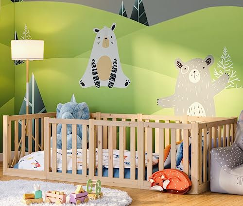 Bellabino Tapi Bett 90x200 cm, Kinderbett mit extra hohem Rausfallschutz, inklusive Lattenrost, Montessori Bodenbett für Jungen und Mädchen aus Kiefer Massivholz, Natur lackiert, Bed