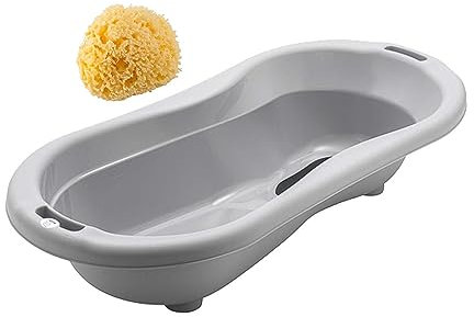 Rotho Babydesign Baby Badewanne TOP Xtra Große, Mit 2 Antirutschmatten und Ablaufstöpsel, Ideal für 2 Kinder, 0-36 Monate + Rotho Babydesign Mittelmeerschwamm, Naturprodukt, Durchmesser: 9-10 cm, Gelb