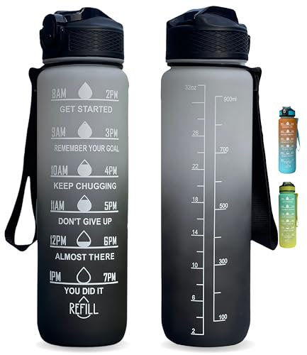 Repton 1L Sports Water Bottle with Motivational Time Marker | Leak-proof Drink Tritan Bottle BPA Free Non-Toxic for Running, Cycling, Gym, School & Office (Black & White)