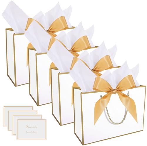 HuaJiao 4Pcs Gift Bags, Medium Present Bag Gift Wrapping Bag with Bow Ribbon Tissue Paper and Cards Gift Bag for Birthday Wedding Party 28x10x20cm (Golden Edge)