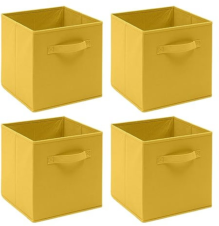 Kamorry Storage Box with Handle, Set of 4 Foldable Storage Pins Cube Organiser for Closet And Toys Storage 26.5cmx26.5cmx28cm (4 Pack, Yellow)