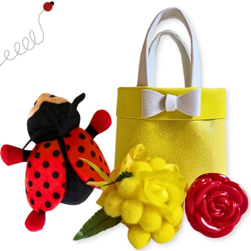 NARAMAKI Mother's Day Gift 2024 – Yellow Bag + Mimosa Bouquet + Teddy Bear + Red Rose – Artificial Mimose Gift Box (Ladybug)