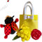 NARAMAKI® Idea Regalo Donna - Mamma - Amica - Borsa Gialla + Bouquet Mimosa + Orsacchiotto Coccinella + Rosa Rossa - Compleanno (Coccinella)