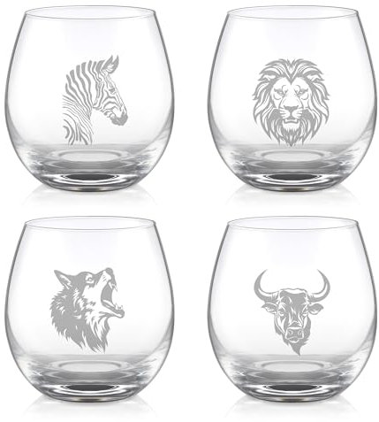 Joeyan Juego de Copas para Vino 4 Piezas con Temática Animal,450 ml Copas de Vino Tinto sin Tallo con Grabado de Cebra, León, Lobo, Vaca,Regalo Divertido, Vaso para Degustar Whisky, Ron,Coñac