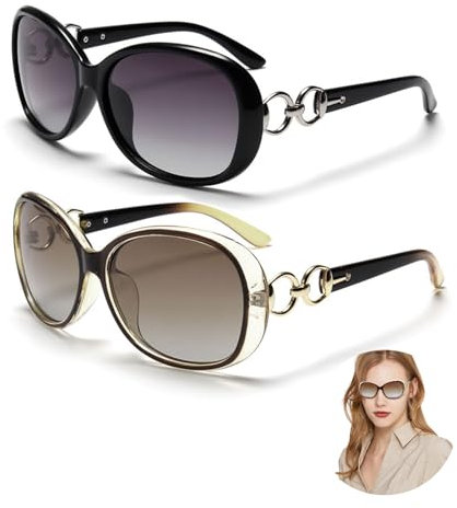 FUIPVGI 2 Stücke Groß Frauen Sonnenbrillen, Women Large Sunglasses, Klassisch Vintage Brille mit Oversize Großer Rahmen UV Schutz Sunglasses, für Damen Fahren Reisen (Schwarz, Braun)