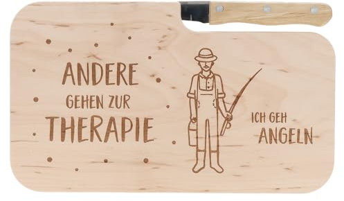 Spruchreif | Brotzeitbrett mit Messer Angeln ist meine Pause – Graviertes Holzbrett mit Angel-Motiv | Originelles Geschenk für Angler & Outdoor-Fans