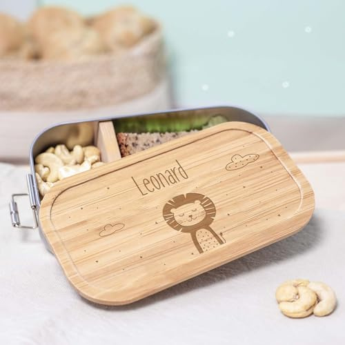 hellomini Personalisierte Brotdose für Kinder - Geschenk zur Einschulung - Lunchbox Geburtstagsgeschenk Junge & Mädchen, Brotdose zum Schulanfang (Löwe Gravur, 750ml)