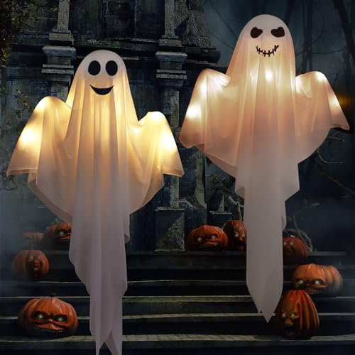 Bseical Halloween Deko Geist Mit LED Lichtern - 2 Stück 60 cm Gruselige Windsack, Hängende Dekorationen für Vorgarten, Terrasse, Rasen, Garten, Partydekor