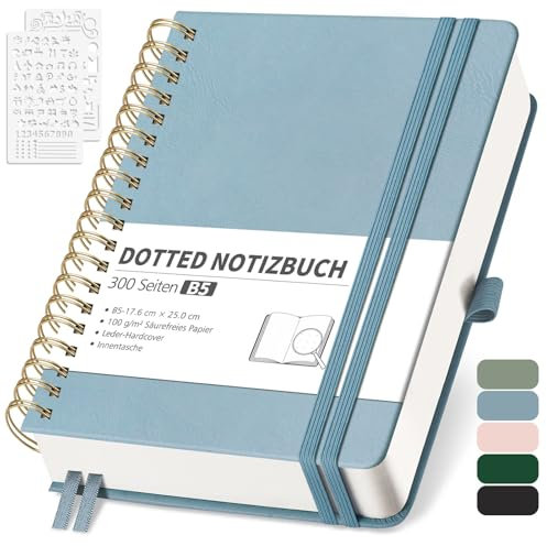 RETTACY Notizbuch B5 Dotted, Bullet Dot Journal mit 100 g/m² Dickem Papier, 150 Blatt, Notebook für Büro und Schule, Lederhülle, Grau-Blau, 17.6 cm x 25 cm