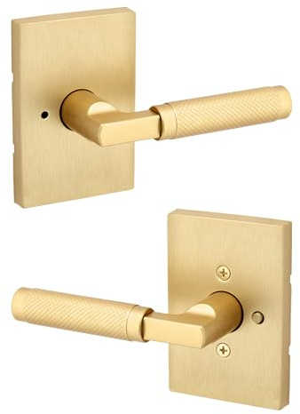 Kwikset Prava Interior Privacy Door Knurled Handle with Lock, Door Lever for Bathroom and Bedroom, Satin Brass, Reversible Keyless Push Button Lock Door Lever, with Microban Protection