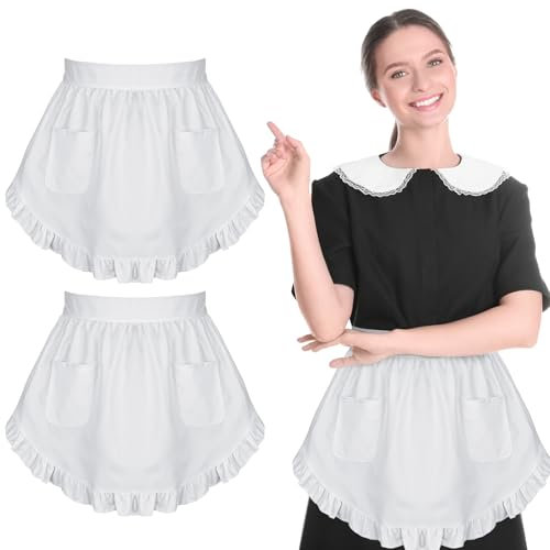 Livdouyu 2 Stück Kochschürze Damen, Schürze Weiß mit 2 Taschen, Verstellbare Rüschenschürze, Küchenschürze Damen für Housemaid,Backen, Küche, Restaurant