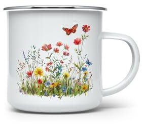 MAXIKIWI - Tasse à café ou thé en émail durable pour l'intérieur et l'extérieur - Fleurs sauvages vintage - 350 ml