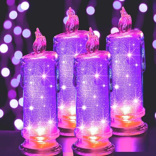 LED Kerzen, 7 cm X 18 cm Innen-Batterie Betriebene LED-Säule Kerzen, Elektrische Gefälschte Kunststoff-Kerzen, für Garten Hochzeit Weihnachtsdeko, Valentinstag und Party Deko, Lila, 4er-Set