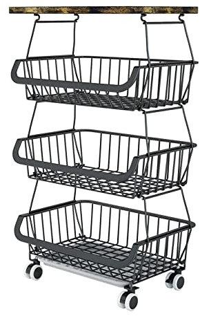 HUOLE 3 Niveles Fruteros de Cocina con Ruedas, Cesta de Almacenamiento de Metal con Patas Antideslizantes, para Almacenamiento de Frutas y Verduras-40 * 30 * 72cm (Negro)
