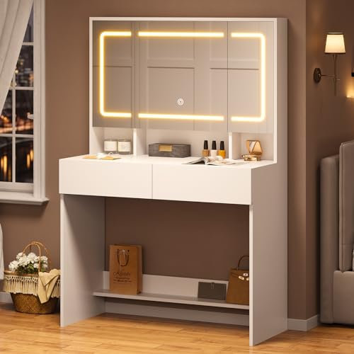 AOGLLATI Schminktisch mit Verstellbaren LED-Beleuchtung Schminktisch mit Große Spiegel Frisiertisch mit 2 Schubladen Kosmetiktisch Weiß 80 x 40 x 141 cm