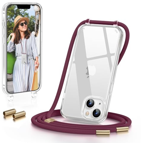 GOODVISH Handykette für iPhone 14 Hülle mit Band Transparent, Wine Red | Kameraschutz und Bildschirmschutz, Necklace Handyhülle Schnur Schutzhülle für Umhängen 13 Hülle mit Kordel 6.1