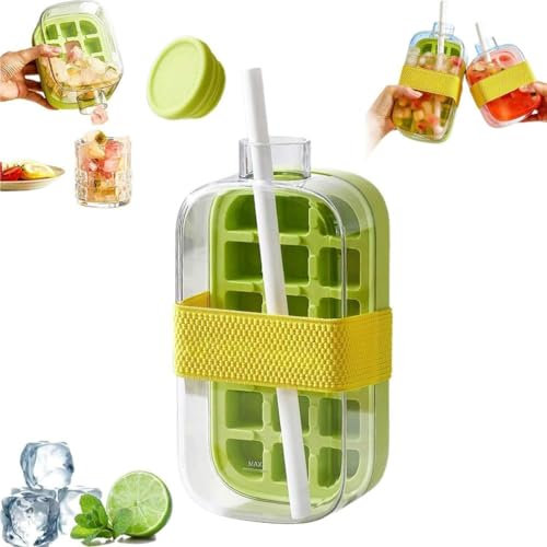 Ice Cube Bottle with Straw, 2 in 1 Crushed Ice Water Bottle, Portable Silicone Ice Maker & Beverage Pitcher, for Home Outdoor Office Ice Making Freezer Coffee Juice Beverages(#G,800ml)