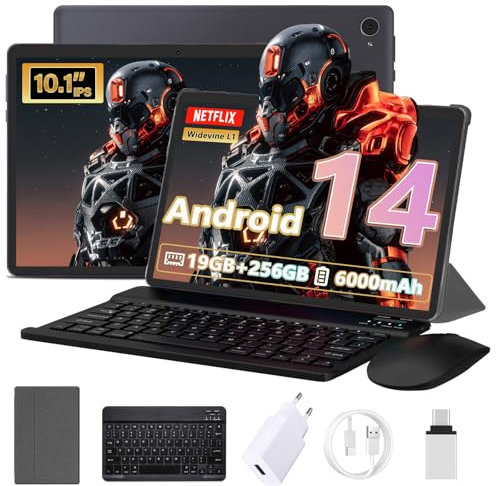 Tablet 10 pollici 19GB RAM + 256GB ROM 1TB TF, 2025 Tablet Android 14, Schermo IPS ad alta definizione, doppia fotocamera da 5MP, Batteria 6000mAh, Tablets dalle prestazioni elevate,GMS,WiFi (Grigio)