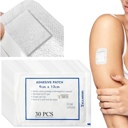 30 Pcs Non-Woven Adhesive Wound Dressings with Absorbent Pad 9cm x 12cm | Sterile Adhesive Dressing Plasters for Wounds First Aid, Individually Wrapped