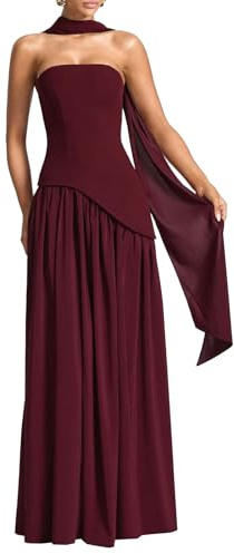 Damen Linie Tr?gerloses Langes Kleid Satin Gerafftes Formales Abschlussball Hochzeits-Maxikleid mit Schal