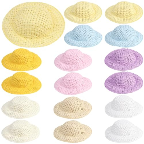 SUNNYCLUE 40 Mini Sombrero Tejido de Paja de 2cm, Gorro Vaquero Pequeño, Gorro de Tela En Miniatura Colorido, Gorro Tejido A Mano para Adornos Navideños, Manualidades, Accesorios para el Cabello Y De