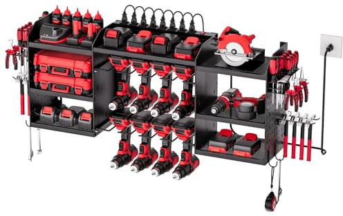 VEVOR Power Tool Organizer with Charging Station, 3-Layer Power Tool Battery Storage Rack with 5.58 ft Power Strip, 8 Drill Holders & 8 Outlets, Garage Tool Organizer for Garage, Workbench, Workshop