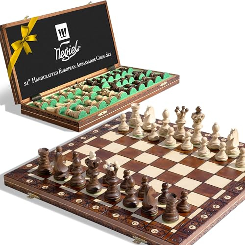 Handmade European Wooden Chess Set with Wood Chess Pieces – Decorative Box with Storage Tray – Rustic Classic Board Game (Ambassador Brown)