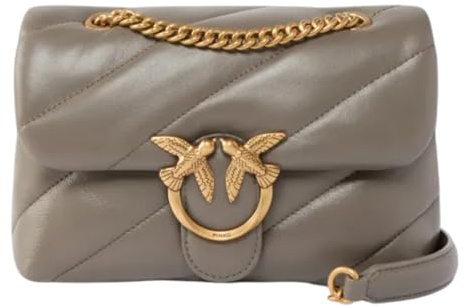 Pinko Leder Umhängetasche Schultertasche Love Puff Mini CL Sheep Nappa Grigio Asfalto - Antique Gold taupe