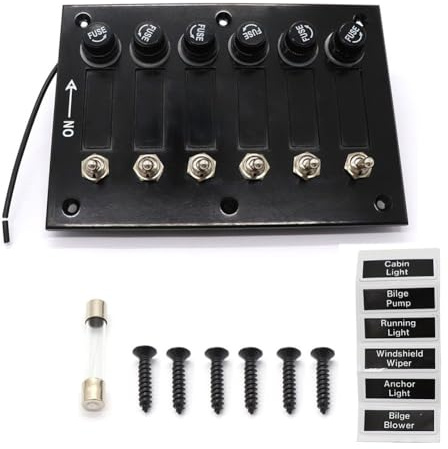 6-Positionen-Schalter-Panel für Wohnmobil-Modifikation mit Bakelit-OnOff-Kippschalter, 12 V/24 V DC, Chrom-Messing-Schalter, vorverdrahteter Sicherungshalter, schwarzer ABS