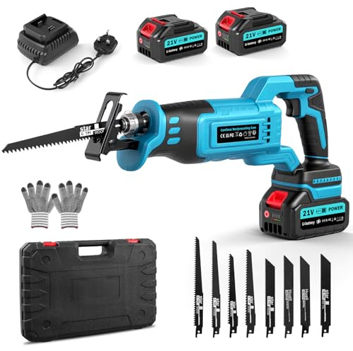 Reciprocating Saw,21V Cordless Electric Reciprocating Saw with 8 Saw Blades,2x2000mAh Battery,0-4000 RPM Brushless Motor for Wood, Plastic and Metal Cutting