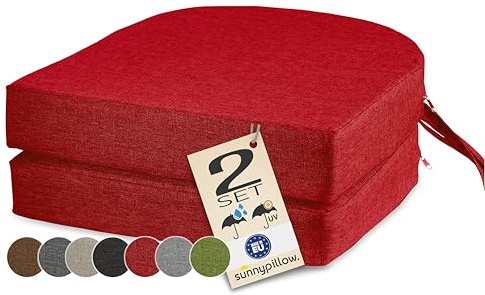 sunnypillow 2er Set Stuhlkissen Outdoor, wasserdicht UV-lichtecht 40 x 40 x 7cm dick - Polsterauflage mit Bändern - Auflage für Stühle,Bänke - Sitzkissen Stuhlauflage für Haus und Garten - Rot