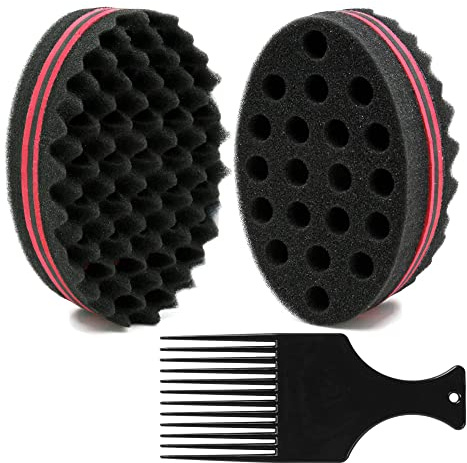 BEWAVE Big Holes Barber Hair Brush Sponge Dreads Locking Twist Afro Curl Coil Wave Hair Care Tool, 2 Pcs with 1 Pc Hair Pick