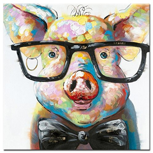 Fokenzary handbemalt Cute Pig mit Brille Pop Art Wand Leinwand Gemälde gerahmt fertig zum Aufhngen 24x24in