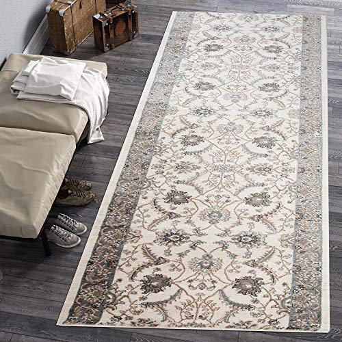 Carpeto Rugs Blumen Teppich Läufer Flur - Orientalisch Teppichläufer - Kurzflor, Weich - Flurläufer für Wohnzimmer, Schlafzimmer - Teppiche - Meterware - Ecru Weiß - 120 x 400 cm